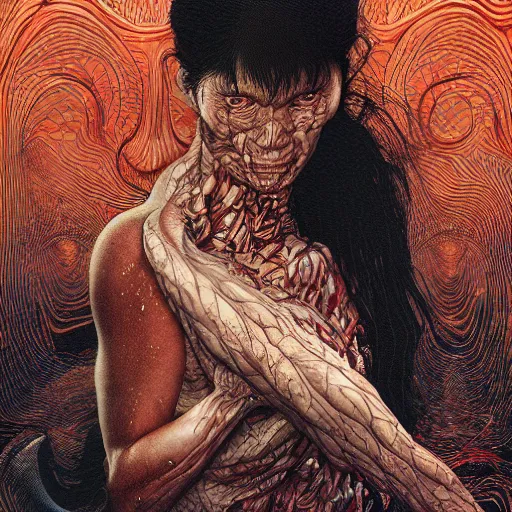 Image similar to painting of a human shedding skin, by yoichi hatakenaka, masamune shirow, josan gonzales and dan mumford, ayami kojima, takato yamamoto, barclay shaw, karol bak, yukito kishiro