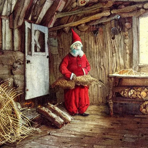 Image similar to oil painting of scandinavian gnome in barn, winter clothes, very very very very very beautiful art, american romanticism by carl larsson, firewood and hay, masterpiece, realistic and detailed