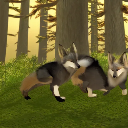 Image similar to second life in game screenshot of black foxes cuddling next to each other in a cozy forest, 4 k