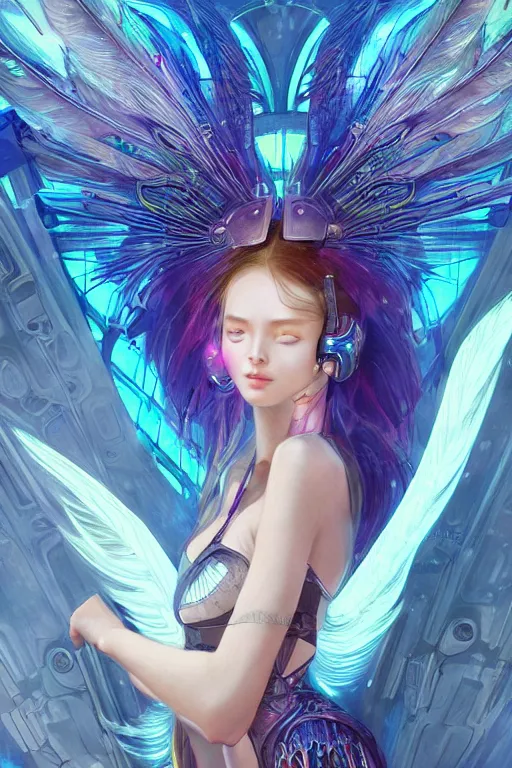 Prompt: portrait futuristic goddess angel Girl with wings and halo and armor and feathers, in future cyberpunk tokyo rooftop , ssci-fi, fantasy, intricate, very very beautiful, elegant, human anatomy, human structure, neon light, highly detailed, digital painting, artstation, concept art, smooth, sharp focus, illustration, art by tian zi and WLOP and alphonse mucha