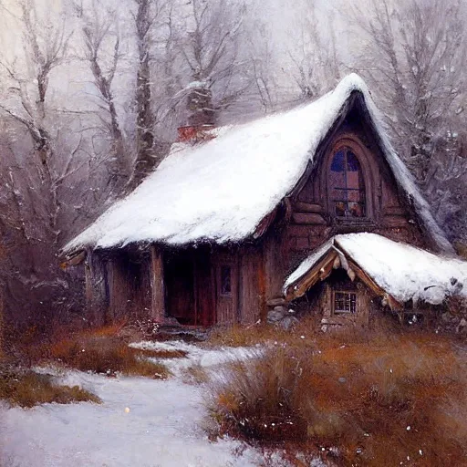 Prompt: Richard Schmid and Jeremy Lipking full length portrait painting of a cozy hobbit house in the shire