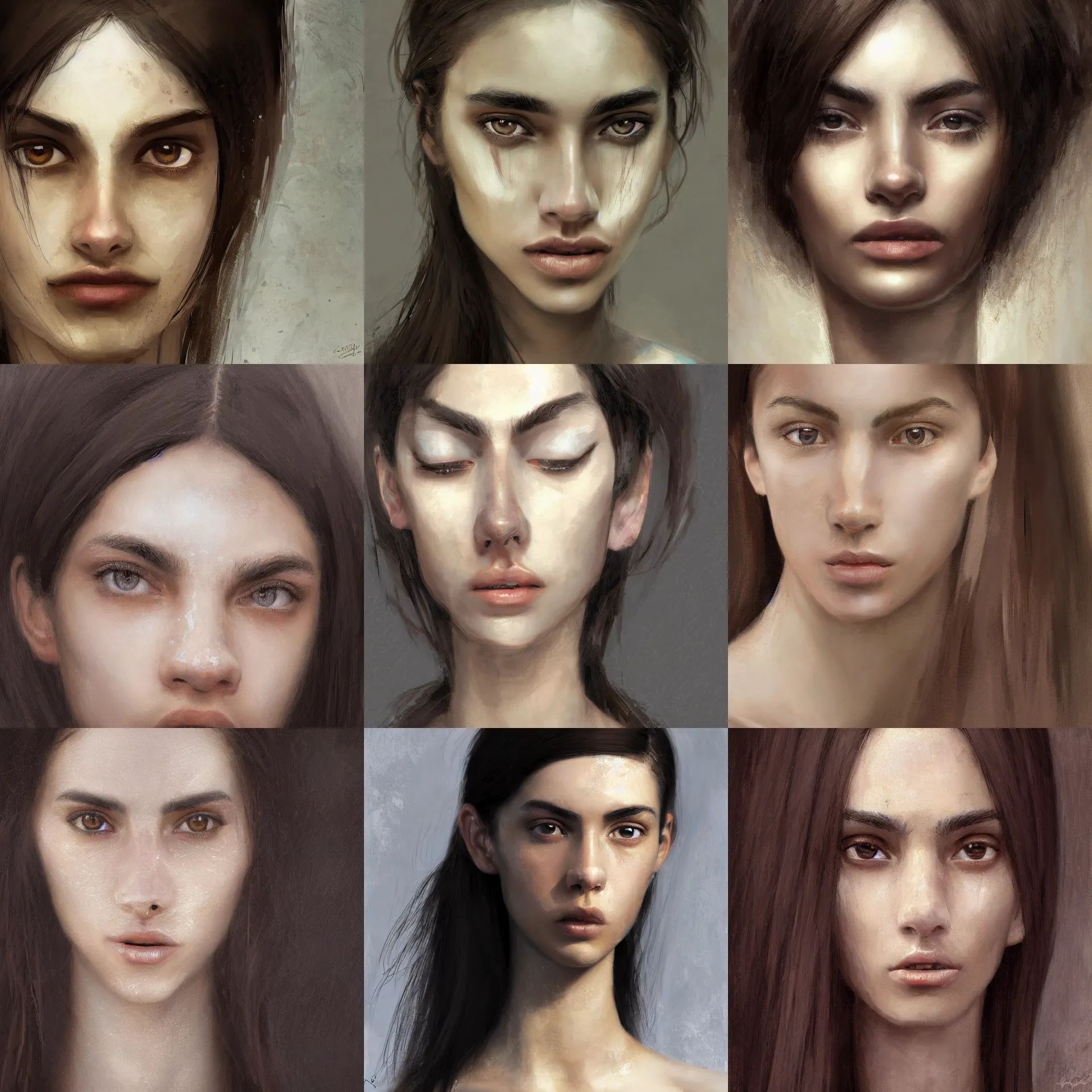 Prompt: digital art painting of a skinny 2 0 years old white skin young latino woman, long black straight hair, thick eyebrows, small straight nose, strong defined jaw, brown eyes painted by craig mullins and gaston bussiere and greg rutkowski, symmetrical facial features, symmetrical face, defined facial features, dramatic lighting, close up