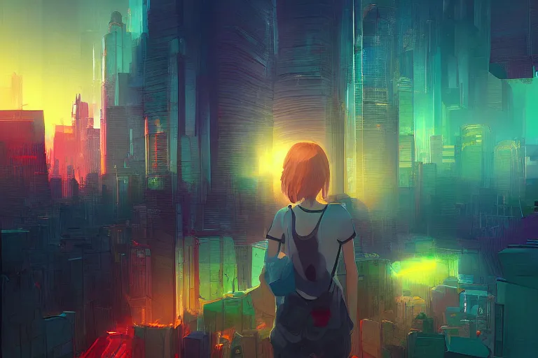 Image similar to a digital art of a selfie of max caulfield standing in a metropolis, youth, light effect, highly detailed, by anton fadeev, by jim burns, a realism masterpiece