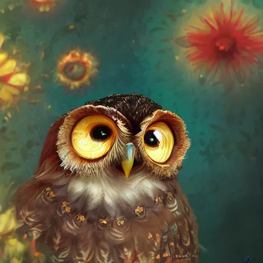 Image similar to medium close - up shot of a very cute and relaxed highly floral ornamented owl chick, by esao andrews, by m. w. kaluta, by yoshita amano, volumetric light, rich colors, natural lighting, very humorous!!!, smooth, depth perception, 4 k, unreal engine 5, artstation