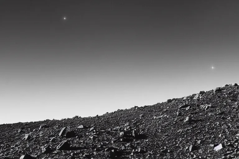 Prompt: a photo of a cliff on the surface of an asteroid, careening through the cosmos, black and white, spielberg, 3 5 mm film, cinematic 4 k