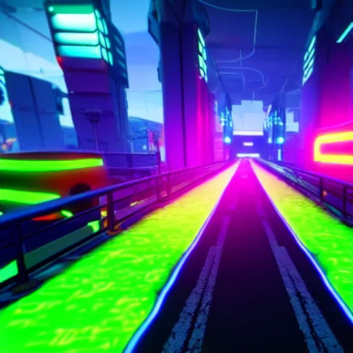 Prompt: a cyberpunk neon racing track in unreal engine, very high detailed, in a game, cinematic view