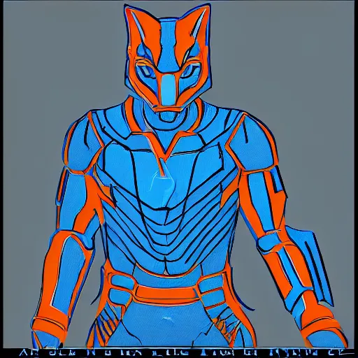 Prompt: a blue-orange-gray fox-man drawn only in straight lines, grained