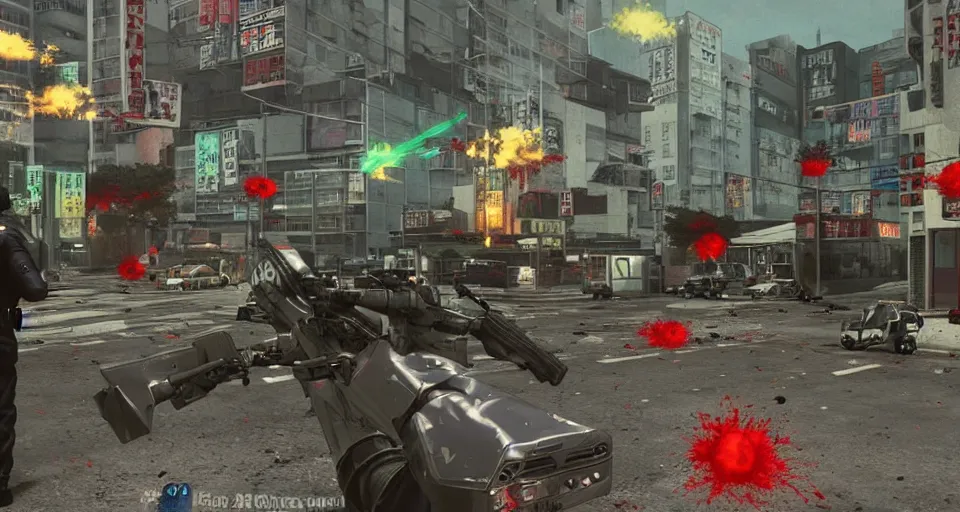 Prompt: 1995 Video Game screenshot for Akira style Anime Neo-tokyo Cyborg bank robbers vs police, Set inside of Office, Multiplayer set-piece Ambush, Tactical Squads :10, Police officers under heavy fire, Suppressive fire, Pinned down, Destructible Environments, Gunshots, Headshot, Bullet Holes and Anime Blood Splatter, :10 Gas Grenades, Riot Shields, MP5, AK45, MP7, P90, Chaos, Anime Machine Gun Fire, Gunplay, Shootout, :14 FLCL + Akira, Cel-Shaded:15, Created by Katsuhiro Otomo + Studio Gainax: 20