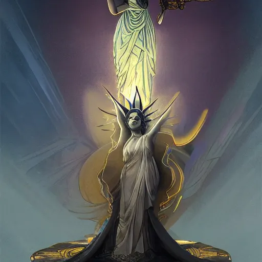 Image similar to detailed full body concept art illustration oil painting of Mayor Pete Executing Lady Liberty, oriental art nouveau, frock, mid body, radiant halo of light, black gold smoke ink, peter mohrbacher, artgerm