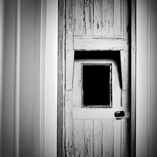 Prompt: photograph of a werewolf in the door frame of a bedroom, black and white, creepy, blurry