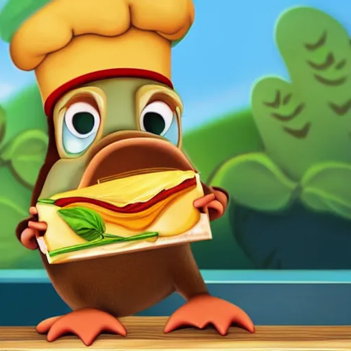 Image similar to cute platypus wearing a chef hat and holding a lasagna with three basil leaves over the lasagna, pixar style, ultradetailed, dramatic