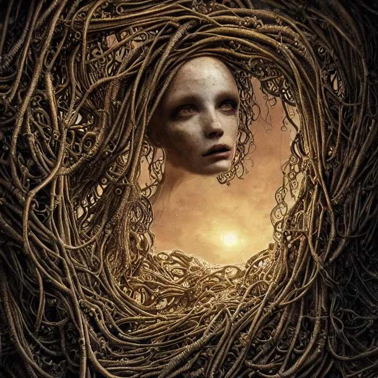 Prompt: ribbed abandoned closeup face portrait of an angel on exoplanet, covered with tentacles, roots, wires, tubes, baroque painting, standing in a desolate empty wasteland, creepy, nightmare, dream-like heavy atmosphere, surreal abandoned buildings, beautiful detailed intricate insanely detailed octane render trending on Artstation, 8K artistic photography, photorealistic, chiaroscuro, Raphael, Caravaggio, Beksinski, Giger