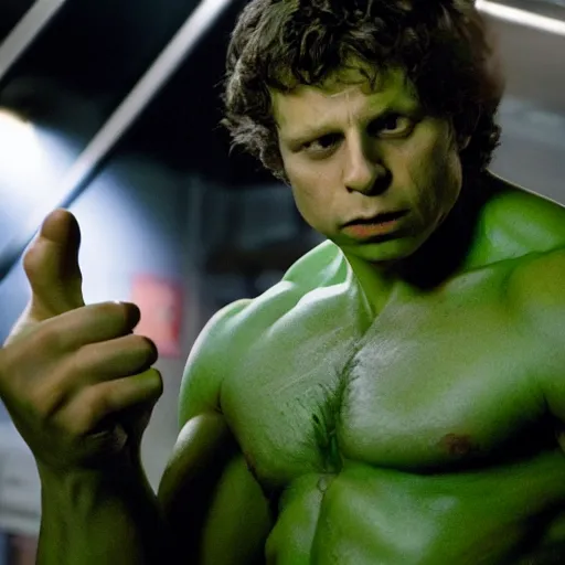 Prompt: michael cera starring as the incredible hulk, movie still, hd,