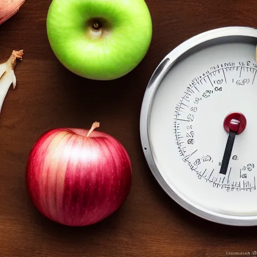 Prompt: pair of scales with one apple in one side and one onion in the other