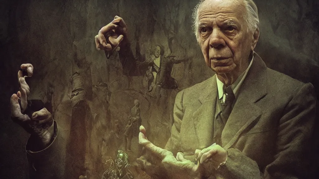 Image similar to Jorge Luis Borges with eldritch beings in his hand, 8K, concept art, filmic, HDR, hyperrealism, volumetric lighting, horror, Dark art