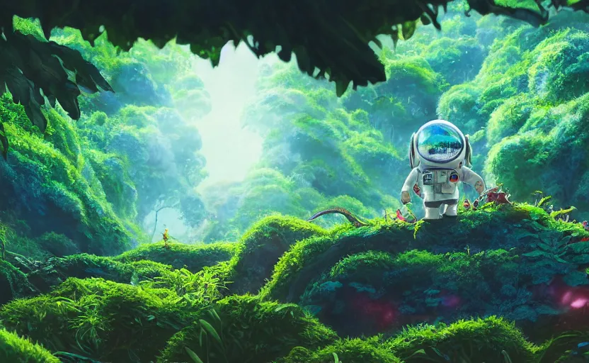 Prompt: a still of a cute adorable tiny astronaut, on a planet of lush foliage, with an enormous kaiju dragon surrounding the background, magical forest, sharp focus, neon backlit, highly detailed, disney pixar studio ghibli makoto shinkai, digital painting, matte, octane render, global illumination, iridescent, anime, 8 k concept art