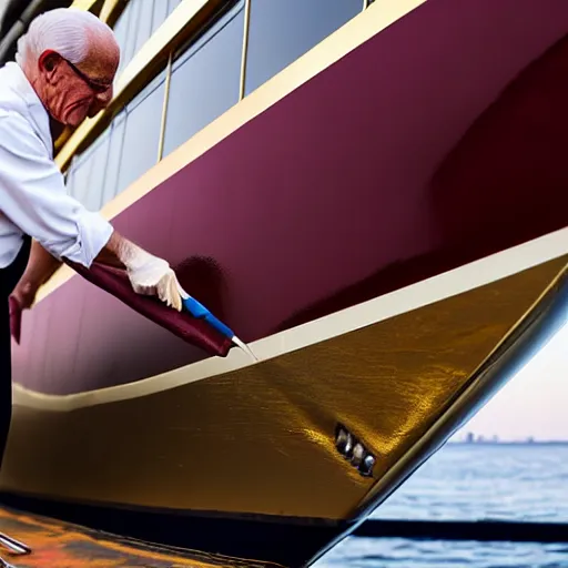 Image similar to wrinkled hunchbacked old man in musty burgundy suit, polishing painting the side of a huge gold plated mega yacht with a cloth, maintenance photo