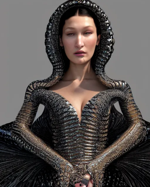 Image similar to a highly detailed metahuman 8 k close up render of bella hadid as a black snake renaissance in iris van herpen dress schiaparelli in diamonds crystals swarovski and jewelry iridescent in style of alphonse mucha gustav klimt trending on artstation made in unreal engine 4