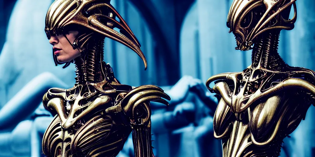 Prompt: space station, vogue, fashion show photo, iris van herpen baroque dress, helmet on face, beautiful woman, perfect body, full body shot, masterpiece, guyver, giger, biomechanical details, denis villeneuve, legendary dragon, cinestill, bokeh, artstation