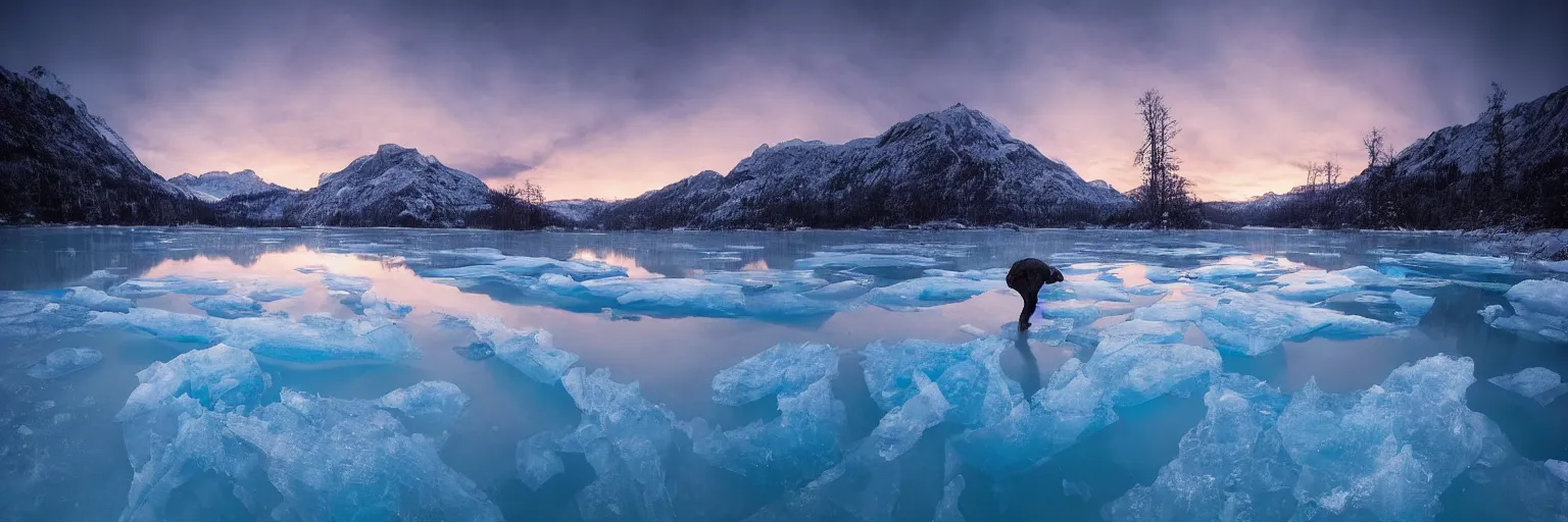 Image similar to amazing landscape photo of a Frozen Human Giant stuck under the ice transparent frozen lake at sunset by marc adamus beautiful dramatic lighting