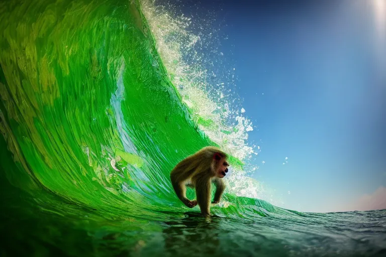 Prompt: monkey surfing on a green sea wave, comicbook, natural lighting, wide angle lens, baby blue color, dof