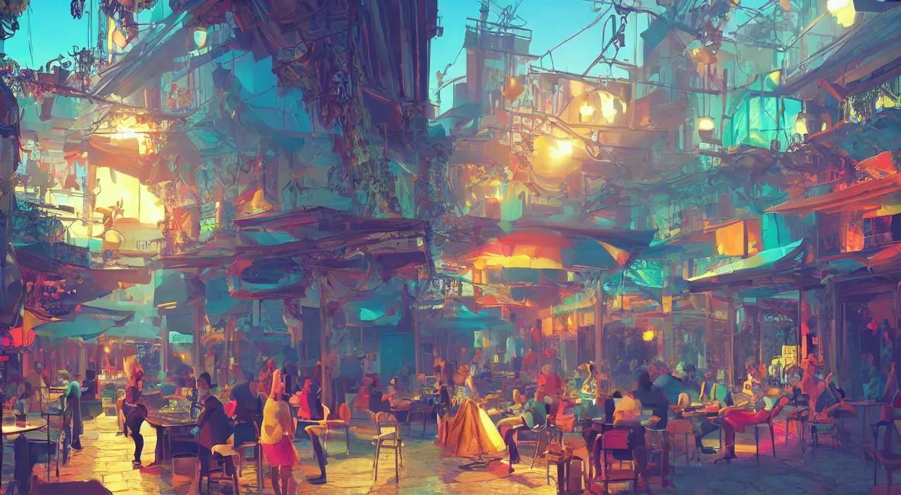 Image similar to bazaar zouk oriantal multicolorful sky shine place mosquet painting stylized digital video game icon global illumination ray tracing 8 k hd resolution, by ilya kuvshinov and cushart krentz and gilleard james