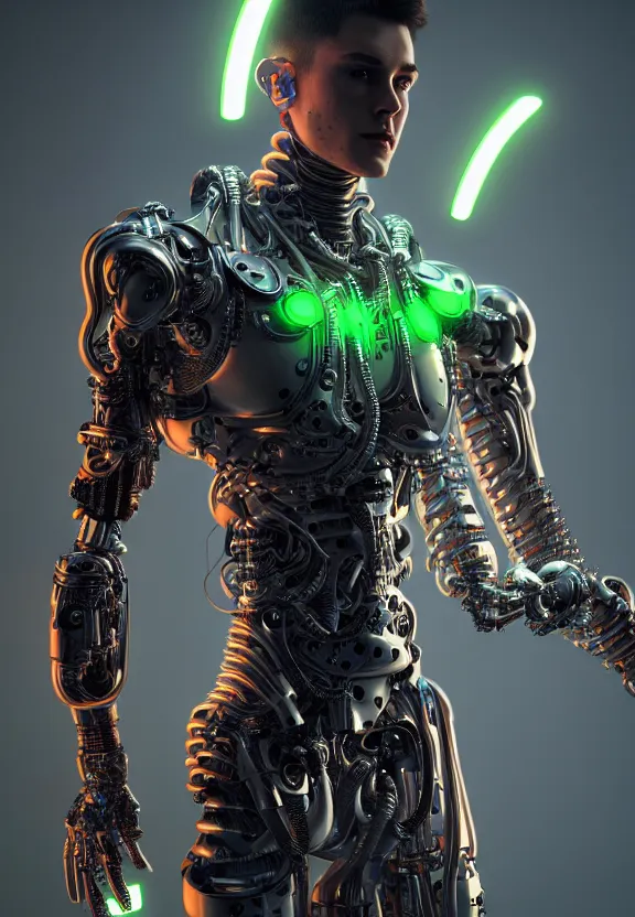 Image similar to ultra realist intricate detailed painting of a single attractive cyborg male, neon scales and cyborg tech, model pose, hyperrealistic, soft lighting, octane render