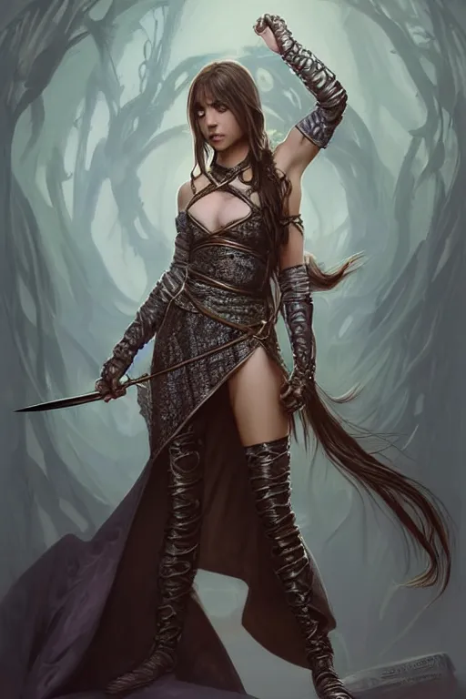 Image similar to Portrait of seductive female fighter, D&D, revealing stylish dress like chainmail, choker on neck, very long flowing hair, mouth slightly open, cute slightly nerdy smile, fantasy, intricate, elegant, stylish, highly detailed, digital painting, artstation, concept art, smooth, sharp focus, illustration, art by artgerm and greg rutkowski and alphonse mucha