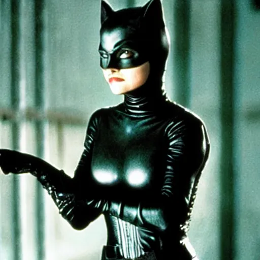 Image similar to “a still of Christina Ricci as Catwoman in Batman Returns”
