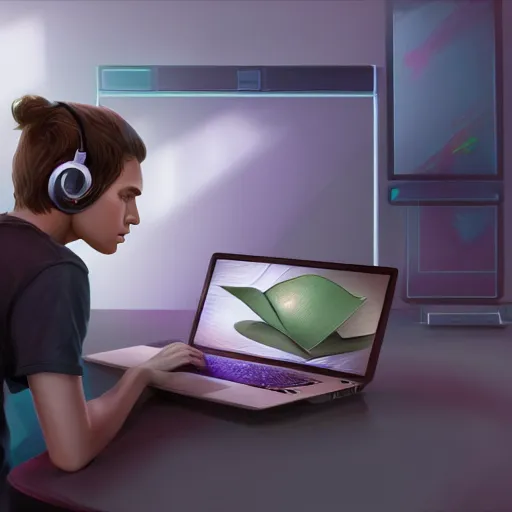 Image similar to realistic teenager using laptop in super tech room, artstation trends, concept art, highly detailed, intricate, sharp focus, digital art, 8 k