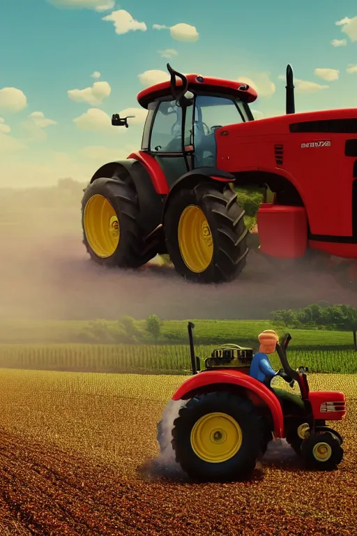 Image similar to film still of a pixar movie with a dutch farmer on a tractor on the highway, glamour pose, dramatic lighting, octane, volumetric lighting, 8 k