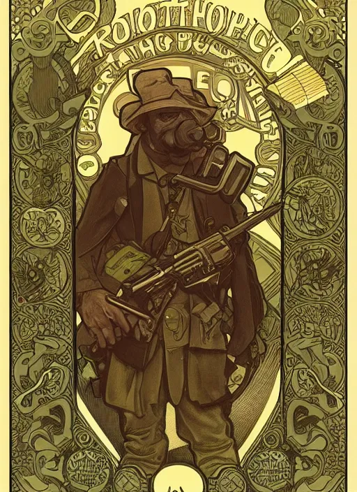 Image similar to anthropomorphic frog police officer. renowned character illustration by alphonse mucha. trending on artstation.