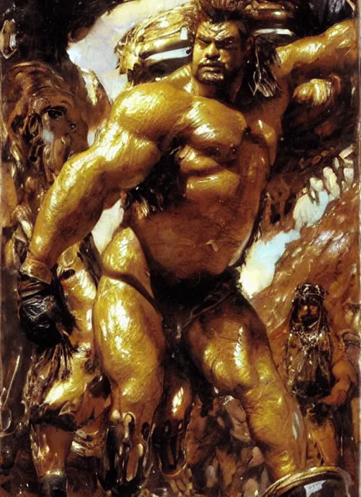 Image similar to huge morgan aste as hercules dressed in animal skins, by john berkey and lawrence alma tadema and rick berry and norman rockwel