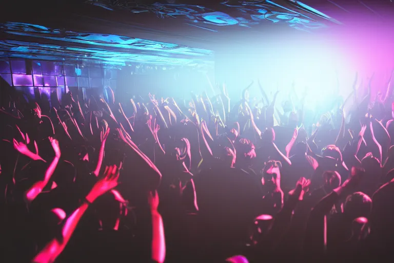 Image similar to crowd partying with their hands up at a club, volumetric lighting, haze, light beams, discoball, silhouette, digital art, trending on artstation, 4k, unreal engine, intricate, ornate