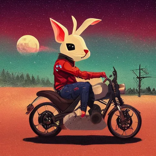 Image similar to bunny wearing a leather jacket riding a motorbike during sakura season on a blood moon by simon stalenhag, rule of thirds, dynamic pose, action pose, beautiful landscape