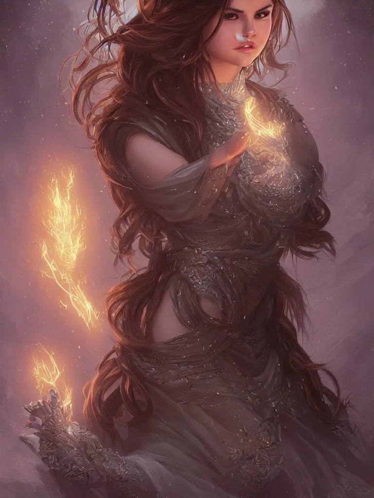 Image similar to Selena Gomez casting an frost spell, D&D, fantasy, intricate, elegant, highly detailed, digital painting, artstation, concept art, matte, sharp focus, illustration, hearthstone, art by Artgerm and Greg Rutkowski and Alphonse Mucha