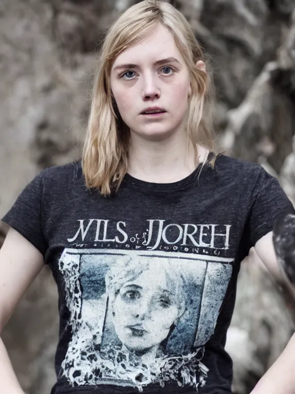 Prompt: hyperdetailed close shot of daisy edgar - jones, winds of winter, with ripped crop t - shirt with a logo, fine - face, pretty face