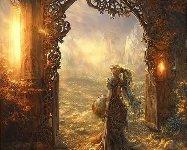 Image similar to large rustic intricately decorated wood gate, a view to an eerie fantasy world, glowing sphere, ethereal back light, mist, coherent composition, detailed fantasy painting by artgerm, noriyoshi ohrai, yuumei