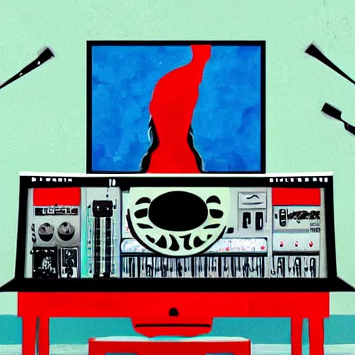 Image similar to beautiful painting of a ninja warrior playing a synthesizer in a music studio with red liquid coming out of the studio monitor speakers