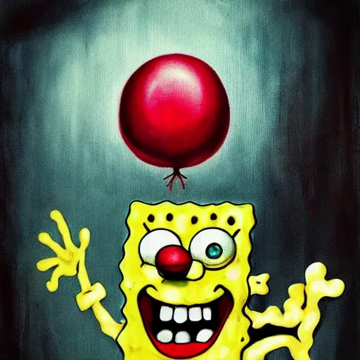 Prompt: grunge painting of spongebob with a wide smile and a red balloon by chris leib, loony toons style, pennywise style, corpse bride style, horror theme, detailed, elegant, intricate, Atmospheric phenomenon, artistic photography, conceptual, volumetric light