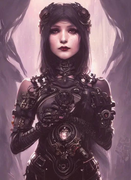 Prompt: portrait of cute little gothic girl, warhammer 40000, cyberpunk, intricate, elegant, highly detailed, digital painting, artstation, concept art, smooth, sharp focus, illustration, art by artgerm and greg rutkowski and alphonse mucha and Gustav Klimt