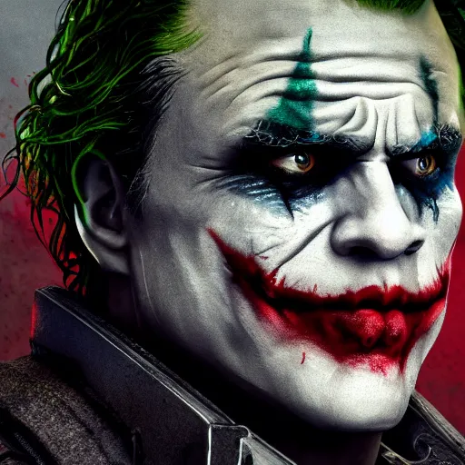 Image similar to the joker 2 0 1 9 in gears of war, splash art, movie still, detailed face, photorealistic facial features, cinematic lighting, dramatic, octane render, long lens, shallow depth of field, bokeh, anamorphic lens flare, 8 k, hyper detailed, 3 5 mm film grain