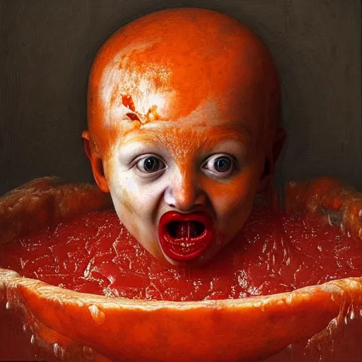 Prompt: a boy sitting in a bathtub full of tomato sauce, looking straight into camera, screaming in pain, by giuseppe arcimboldo and ambrosius benson, renaissance, fruit, intricate and intense oil paint, a touch of beksinski and hr giger, realistic