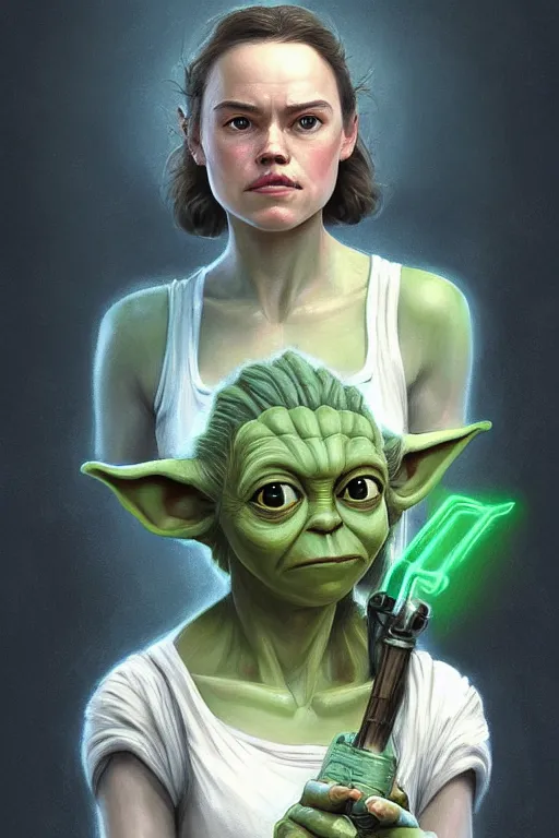 Image similar to Portrait of Daisy Ridley and Yoda's child, Yoda and Daisy Ridley child morph, digital painting, realistic shaded, realistic shaded lighting, fan art, pixiv, by Ilya Kuvshinov, morph dna, face morph, magali villeneuve, Artstation, by Jeremy Lipkin and by Michael Garmash and by Rob Rey