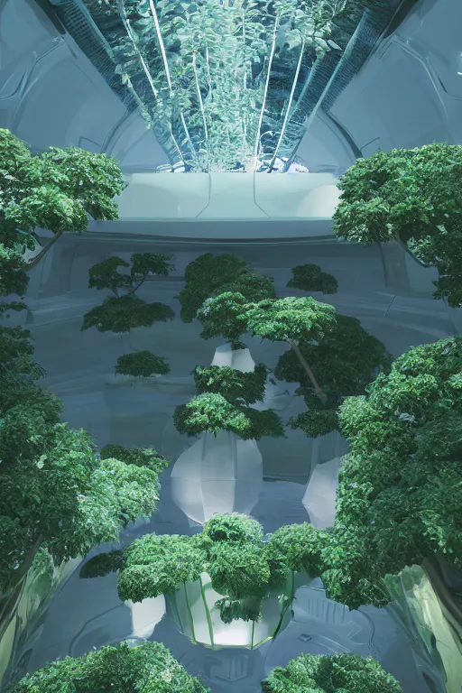 Image similar to multi level botanical garden spaceship floating in space, calm, tranquil, faded effect, detailed, vaporwave colors, render by substance designer