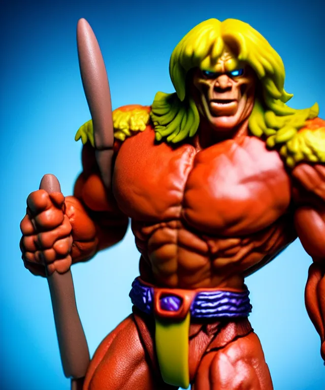 Image similar to hyperrealistic rendering, he - man by art of skinner and richard corben and jeff easley, product photography, action figure, sofubi, studio lighting, colored gels