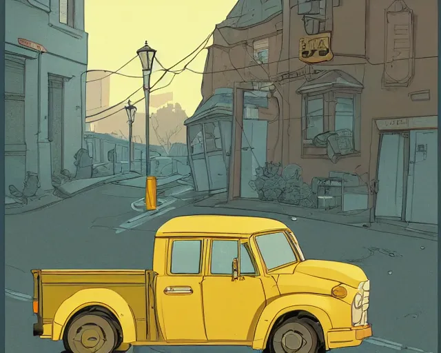 Image similar to a study of cell shaded cartoon of a yellow truck on a country road, street lamps, road, illustration, wide shot, subtle colors, post grunge, concept art by josan gonzales and wlop, by james jean, Victo ngai, David Rubín, Mike Mignola, Laurie Greasley, highly detailed, sharp focus, alien, Trending on Artstation, HQ, deviantart, art by artgem