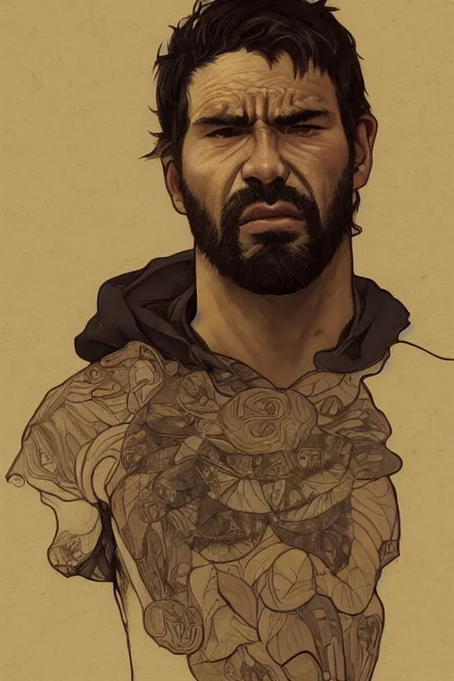 Image similar to very detailed portrait of a rugged man in his mid thirties, strong jaws, latino features, wearing a black t - shirt, earthy color scheme, by wlop and krenz cushart and artem demura and alphonse mucha and artgerm, historical fiction, detailed eyes, starry background, trending, on artstation.