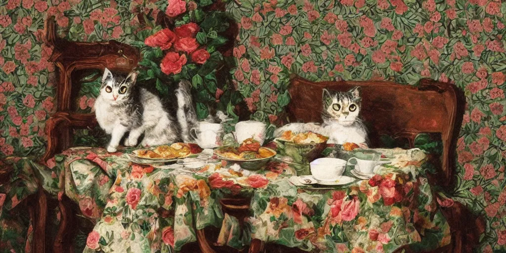 Image similar to portrait of a cat on a chair at a coffee table full of food, flowery wallpaper, beautiful sunny day, 1 8 8 0 s style