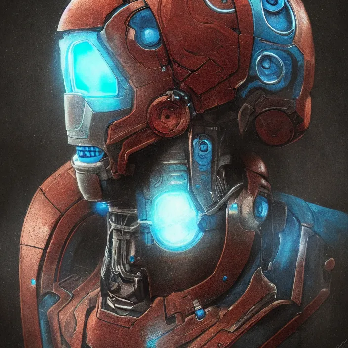 Prompt: portrait of a cyan ultron from age of ultron, clockwork steampunk, dieselpunk, head and chest only, by beksinski, 4 k, deviantart, trending on artstation